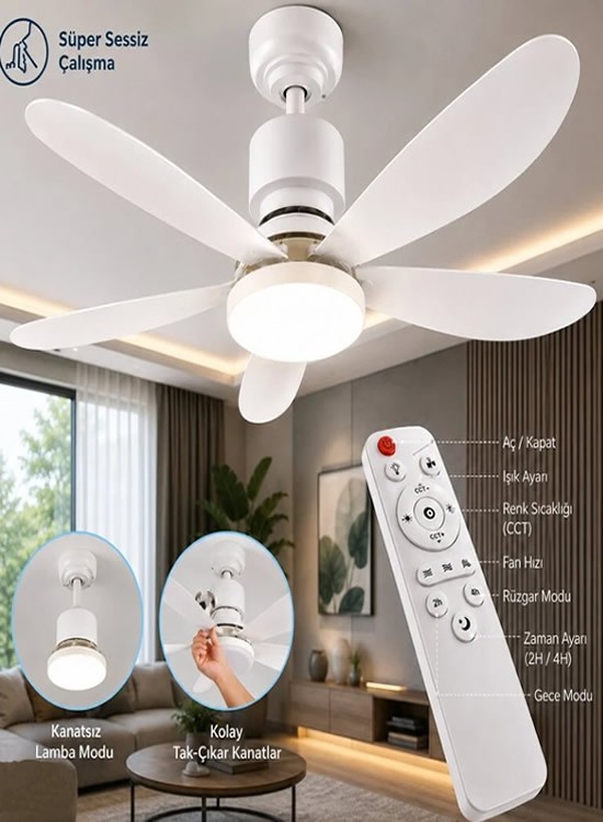 Led Işıklı Vantilatör Uzaktan Kumandalı Sessiz Çalışan Tavan Tipi Lamba